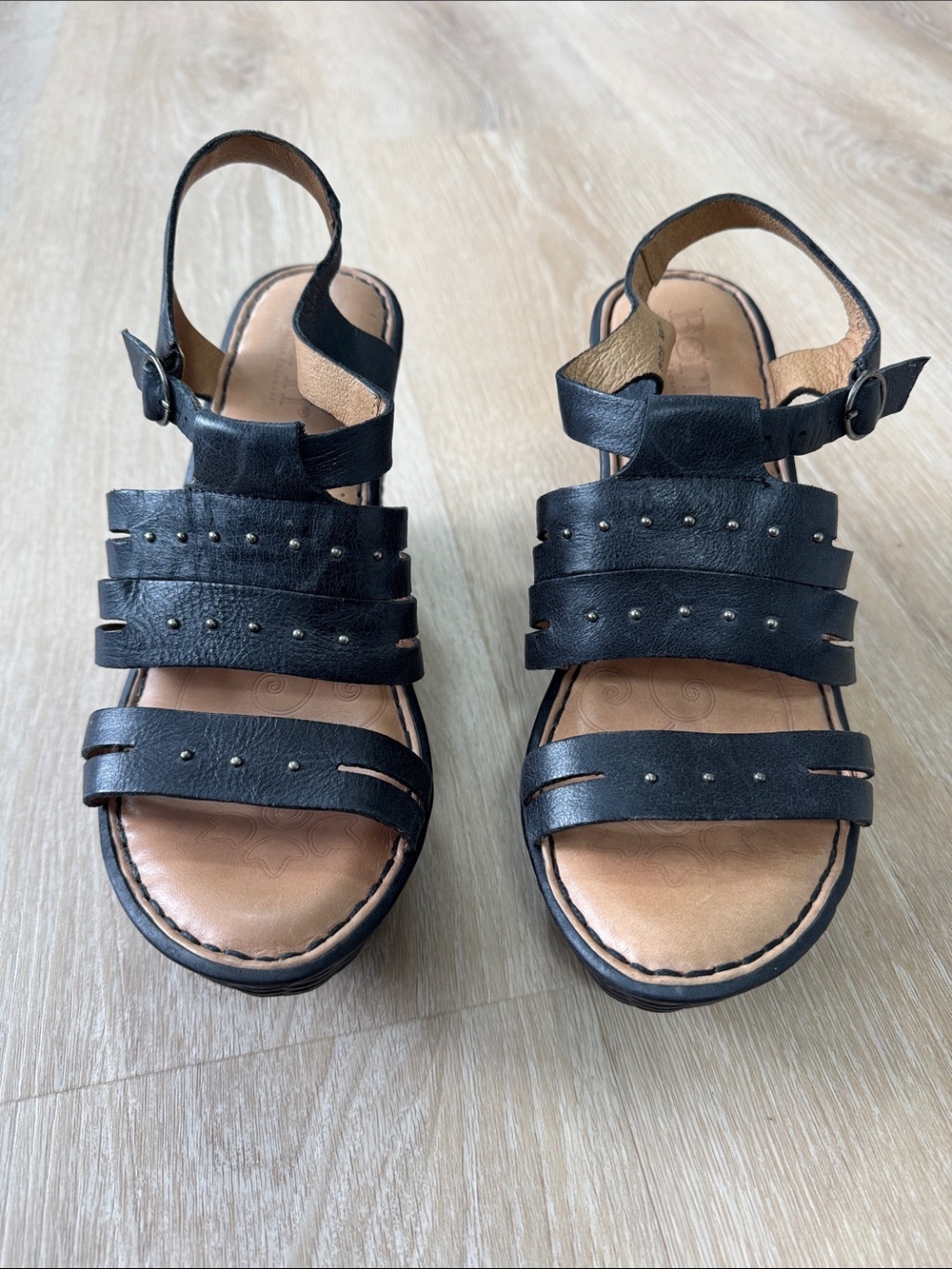 Born Black Leather Studded Strappy Sandals